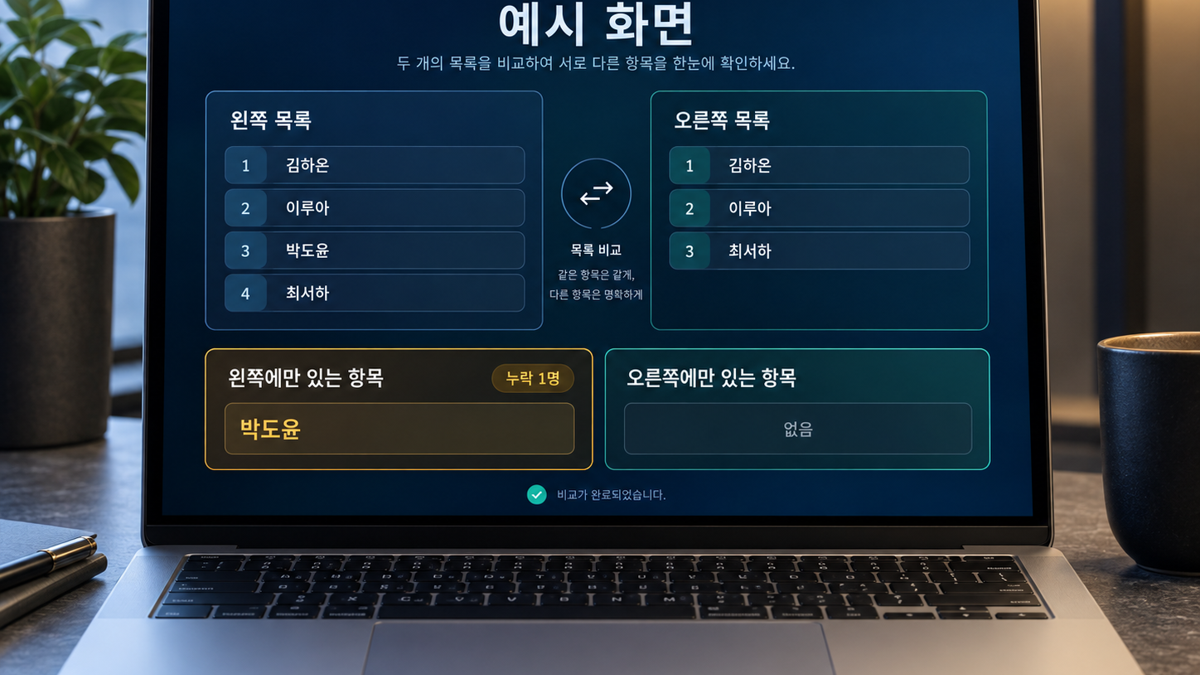 예시 화면으로 표시된 두 명단 비교 HTML 완성 화면