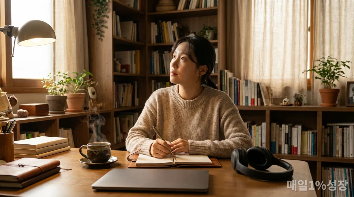 조용한 방에서 대화 전 생각을 정리하는 내향인