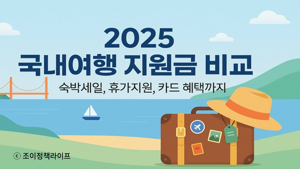 2025 국내여행 지원금 비교 대표 이미지. 숙박세일, 휴가지원, 카드 혜택을 소개하는 여행 분위기의 썸네일. ⓒ 조이정책라이프