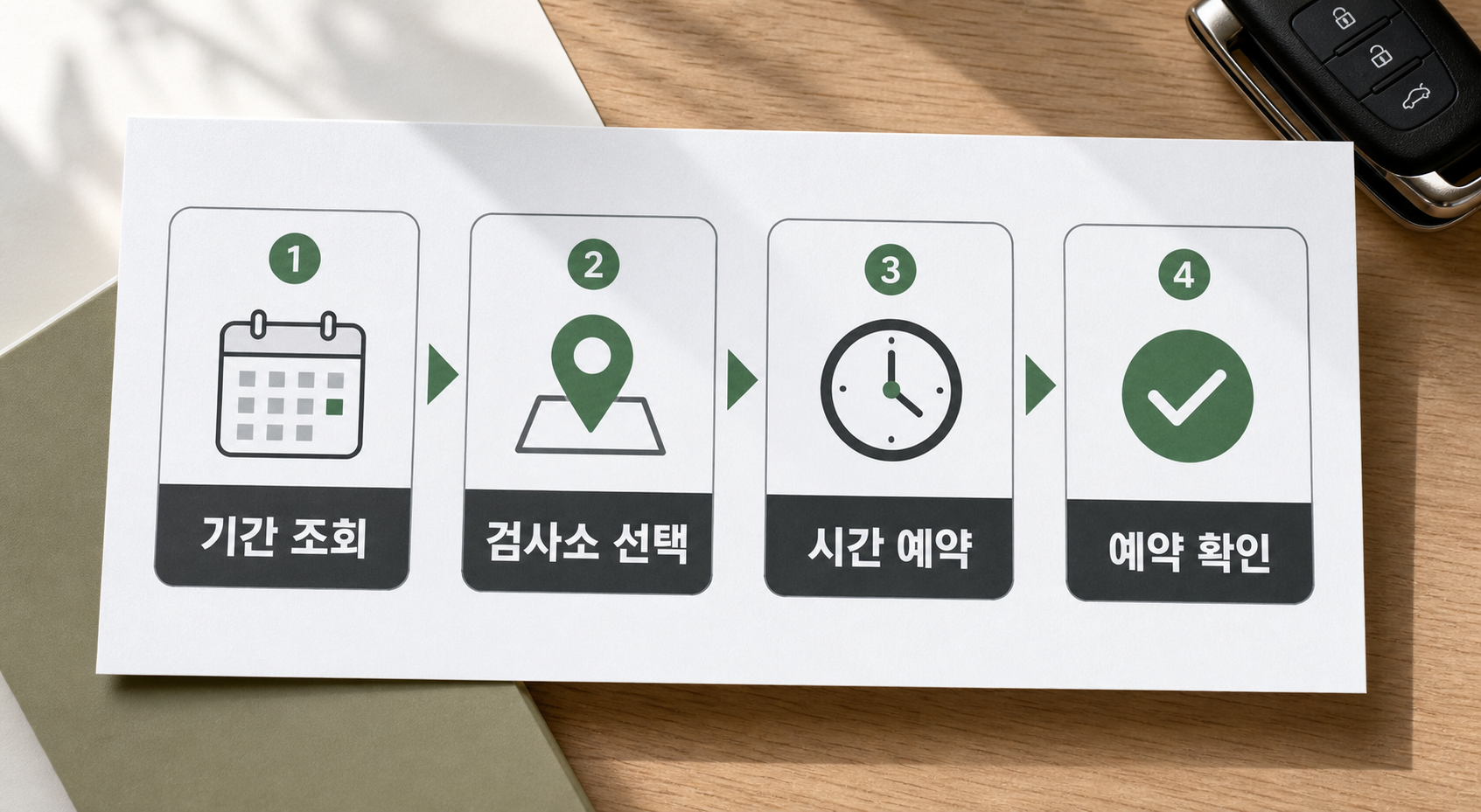 자동차 검사 예약 방법을 검사기간 조회 검사소 선택 예약 완료 순서로 보여주는 이미지
