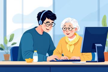 온라인에서 기초연금 수급조건 설명받는 노인