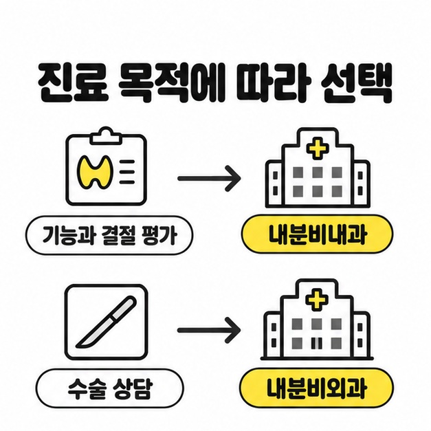 갑상선 기능과 결절 평가는 내분비내과 수술 상담은 내분비외과로 연결한 진료과 구분 도식