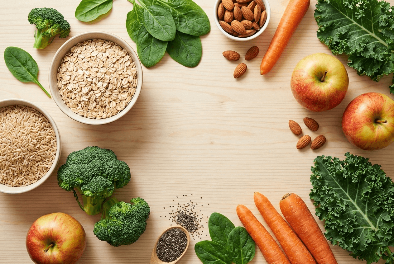 장 건강과 다이어트를 위한 고식이섬유 자연 식품 모음, 사과·브로콜리·당근·귀리·아몬드