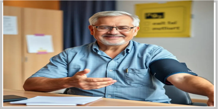 책상 앞에서 혈압 측정 중인 중년 남성이 미소를 지으며 설명하는 모습