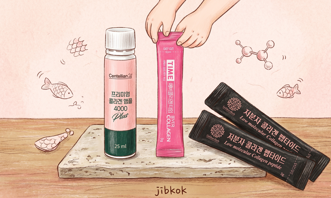 콜라겐 섭취와 피부 탄력 유지 일러스트(Collagen intake and skin elasticity maintenance illustration)
