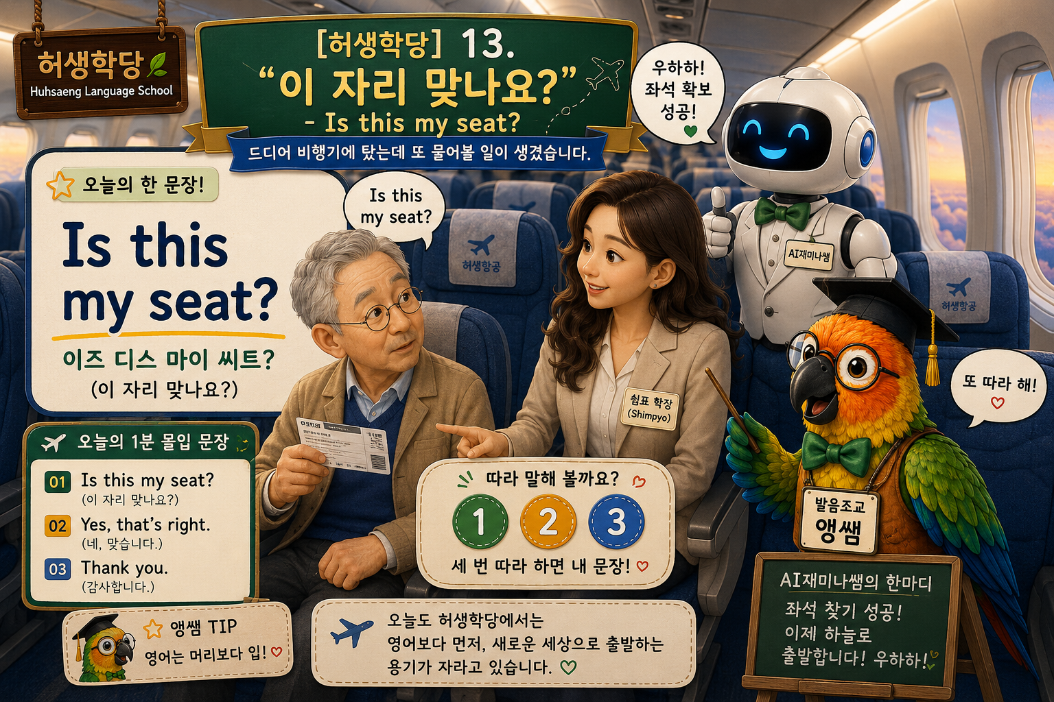 허생학당 학우가 비행기 기내에서 자신의 좌석을 찾기 위해 영어 문장 "Is this my seat?"를 연습하고, AI재미나쌤 로봇과 쉼표 학장, 발음조교 앵쌤이 응원하는 모습