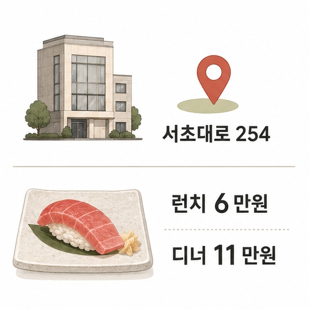 서초대로 254 위치와 런치 6만원, 디너 11만원의 대표 오마카세 가격을 함께 정리한 이미지