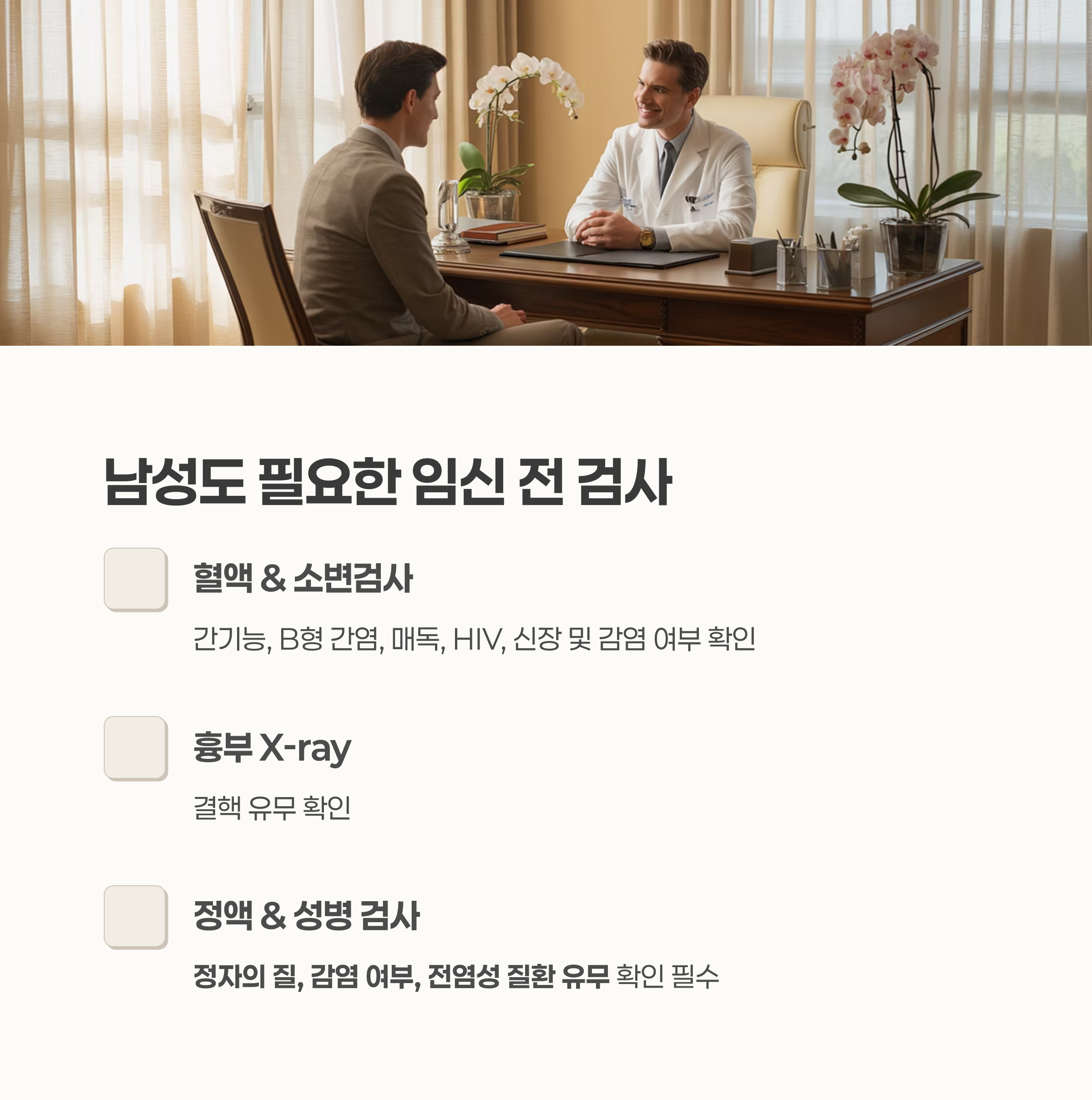의사와 상담 중인 남성의 모습과 함께 남성도 꼭 받아야 하는 임신 전 검사 항목(혈액검사, X-ray, 정액 검사 등)을 소개하는 인포그래픽