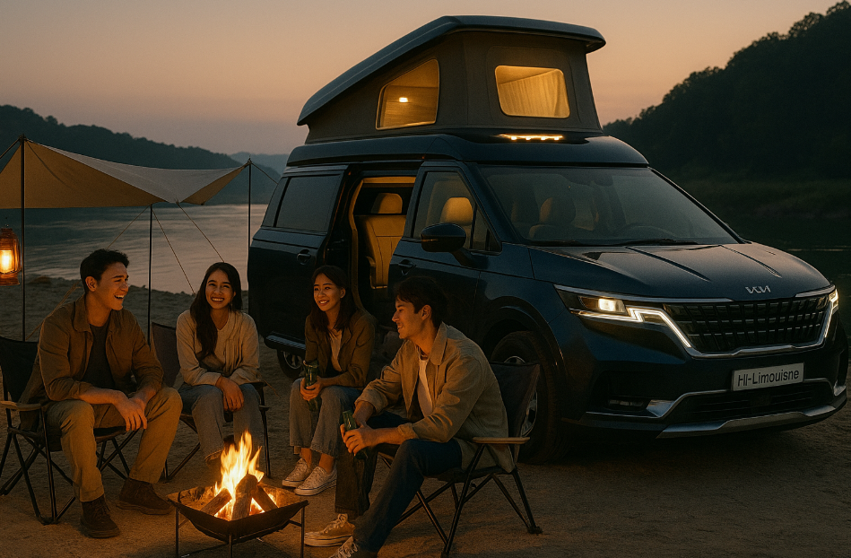 기아 카니발 하이리무진으로 차박을 하는 사진