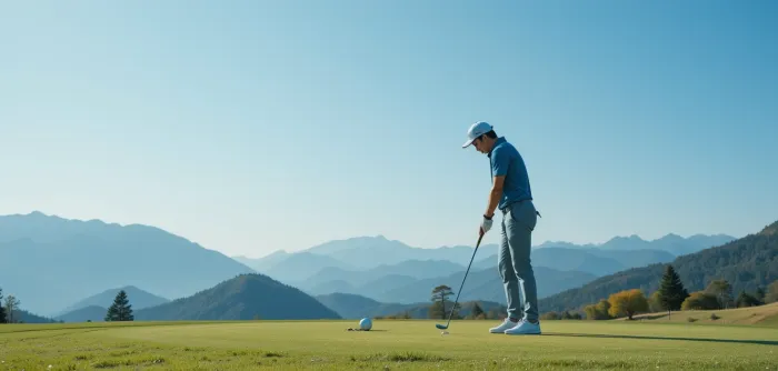 맑은 하늘 아래 티샷 준비 중인 골퍼