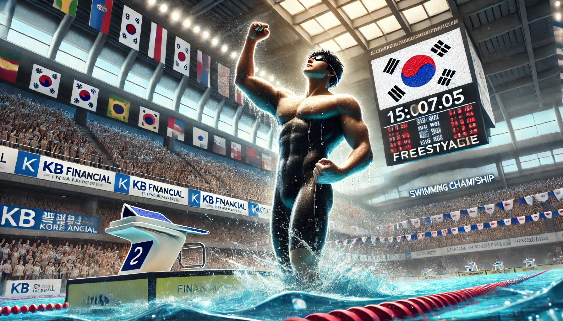 김우민 선수가 수영에서 기록을 세우는 모습을 나타내는 이미지