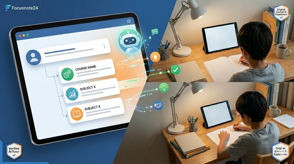 "학부모를 위한 챗GPT 기반 고교학점제 맞춤형 과목 로드맵 설계 화면과 아이가 책상에서 스스로 학습을 주도하는 자기주도 학습 현장 모습이 결합된 교육 정보성 이미지"