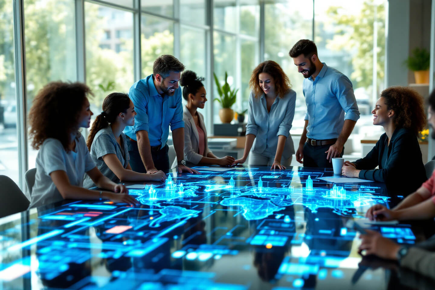 Palantir(팔란티어)의 팀원들이 첨단 디지털 테이블을 중심으로 협력하는 모습. 팀워크와 미래 기술을 강조