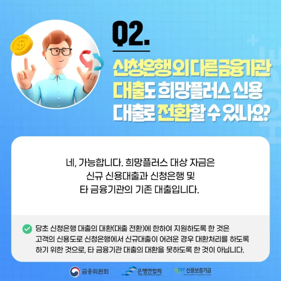 Q2. 신청은행 외 다른 금융기관 대출도 희망플러스 신용대출로 전환할 수 있나요?