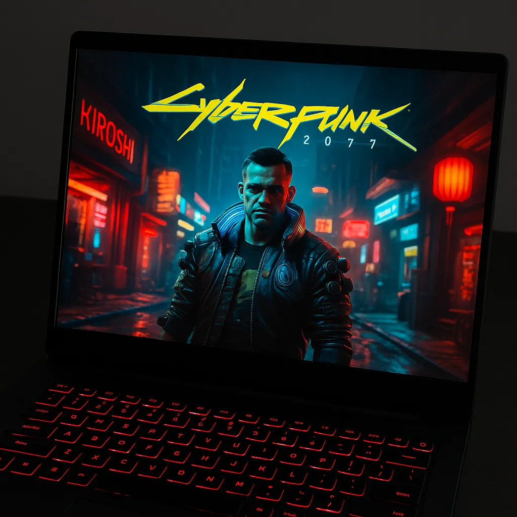 게이밍 노트북 화면에서 사이버펑크 2077이 실행 중인 모습