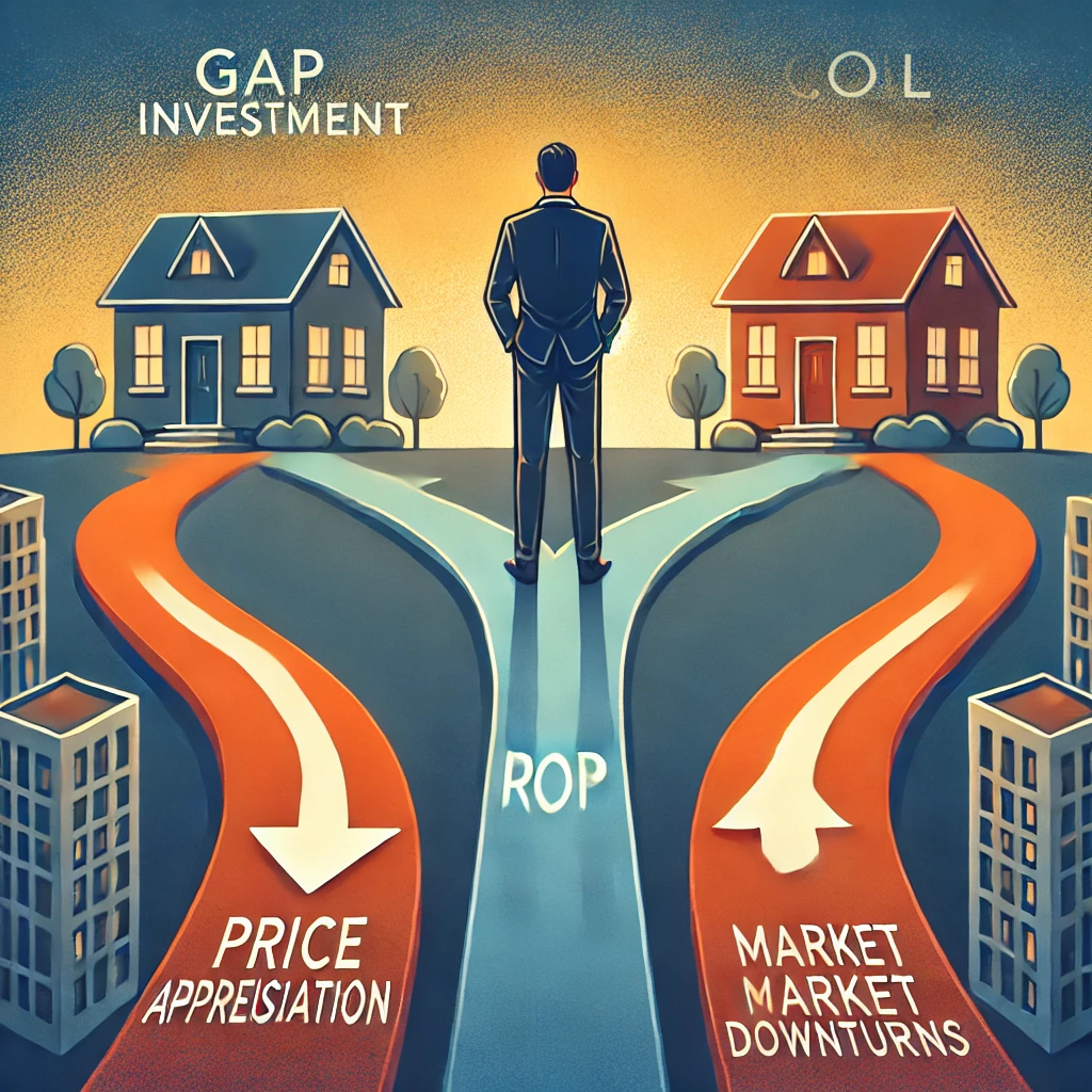 갭투자 시장의 불확실성: 상승과 하락의 갈림길에서 고민하는 투자자의 모습.