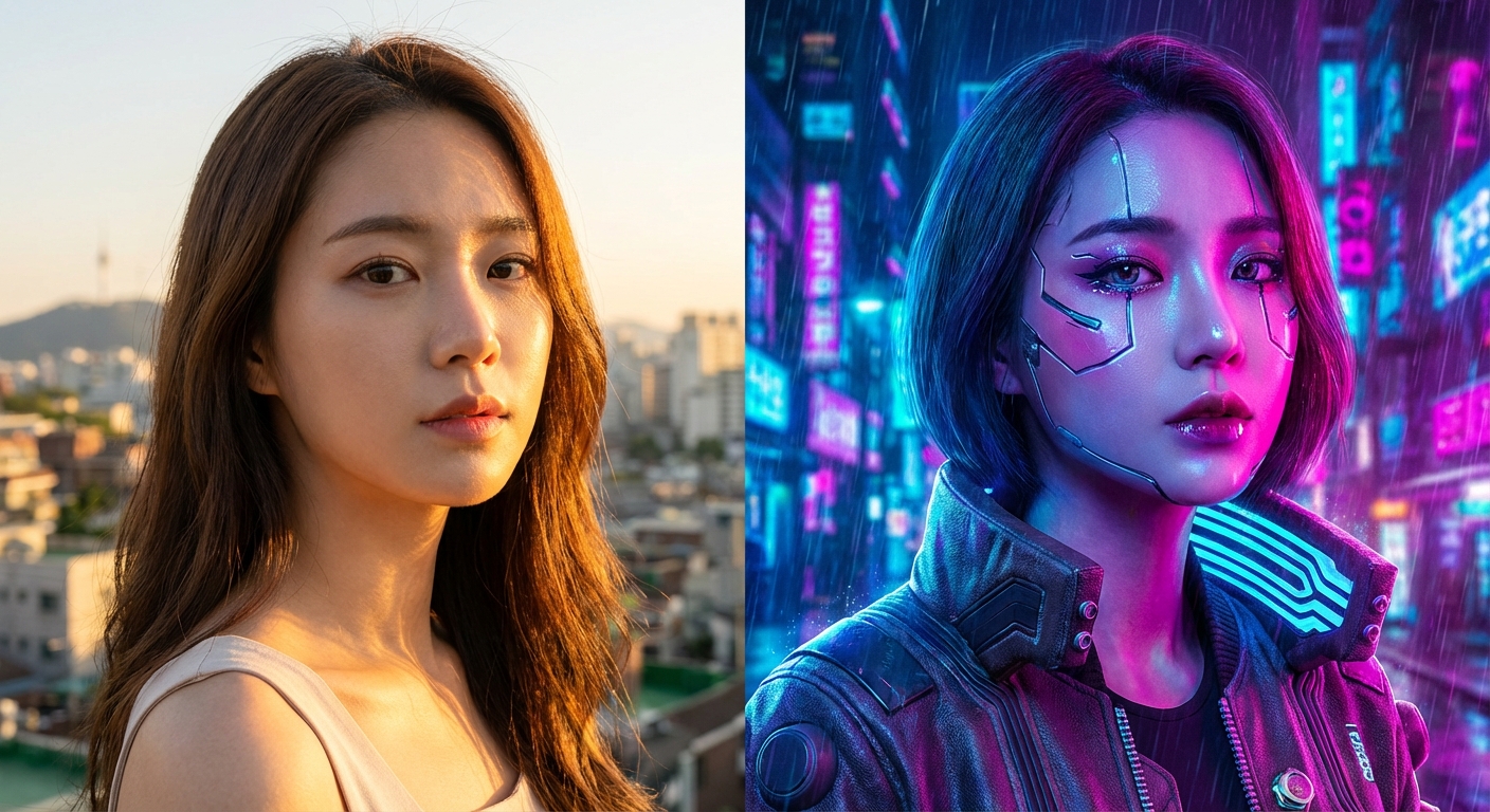 동일한 인물을 대상으로 조명과 스타일 키워드만 변경했을 때 이미지가 어떻게 달라지는지 비교한 시각 자료