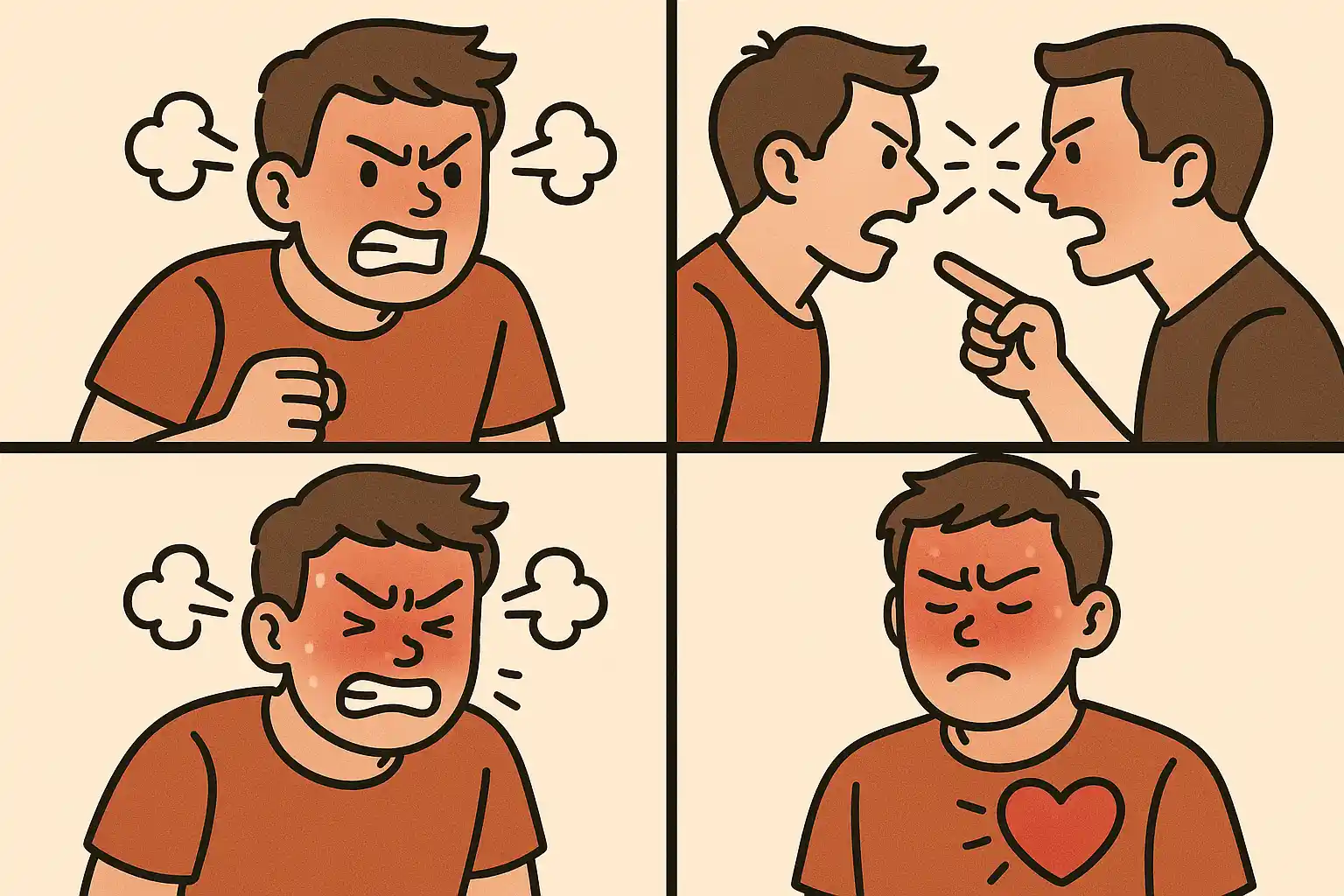 사소한 일에도 화를 내는 표정, 말싸움 장면, 얼굴이 붉어지고 심장이 두근거리는 사람