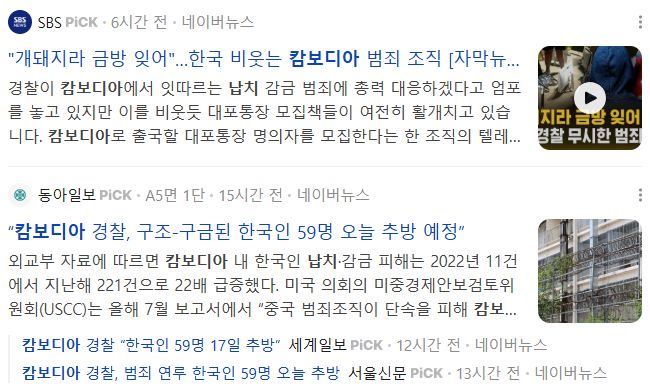 캄보디아 납치 관련 뉴스 기사들
