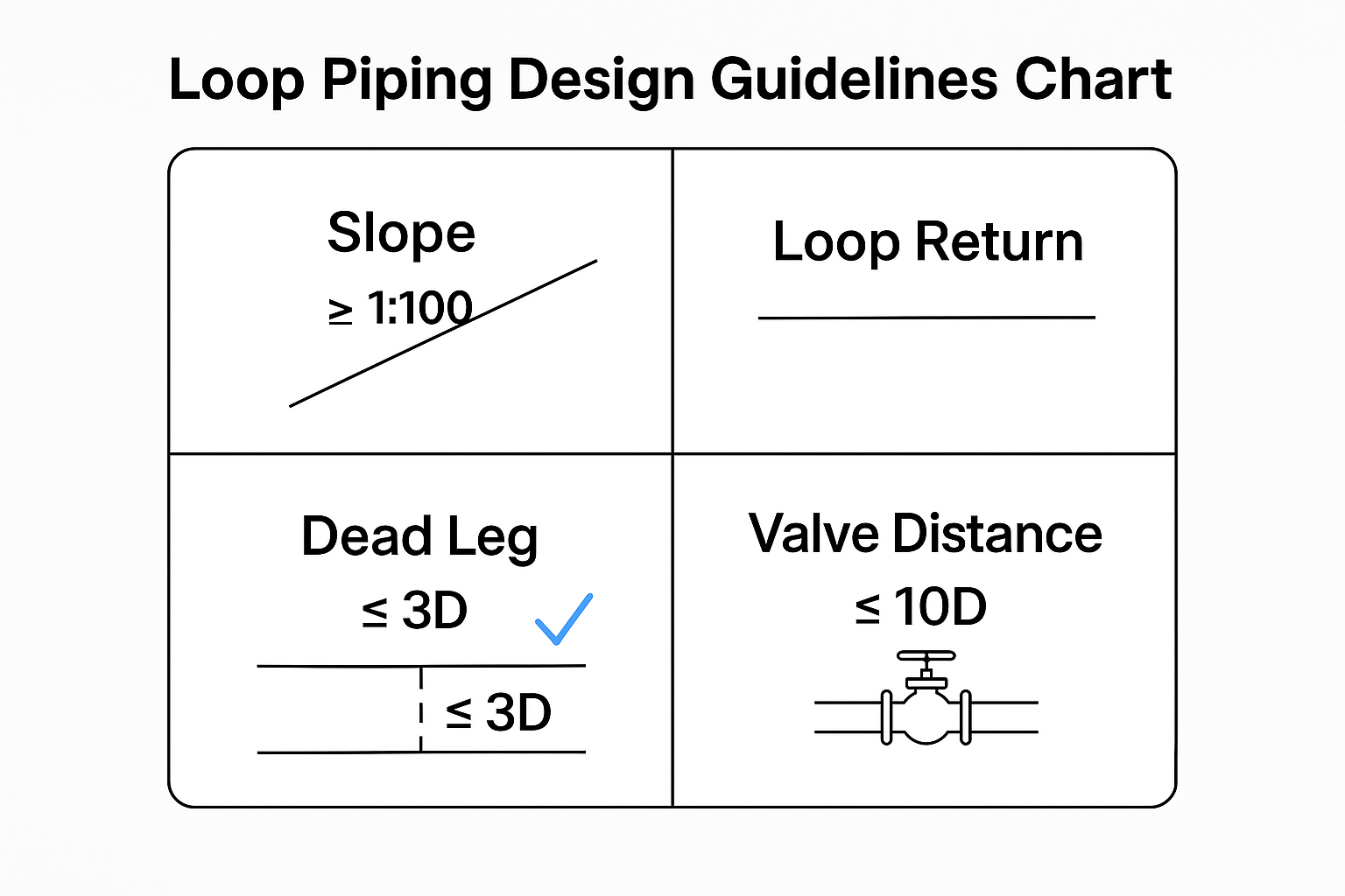 Visual chart of loop piping design standards for pharmaceutical water systems, including slope, dead leg, and valve placement