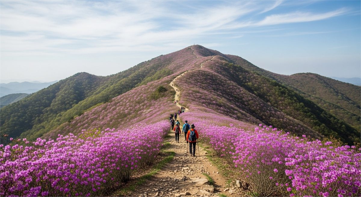고려산 능선을 따라 이어지는 등산 풍경 전경 