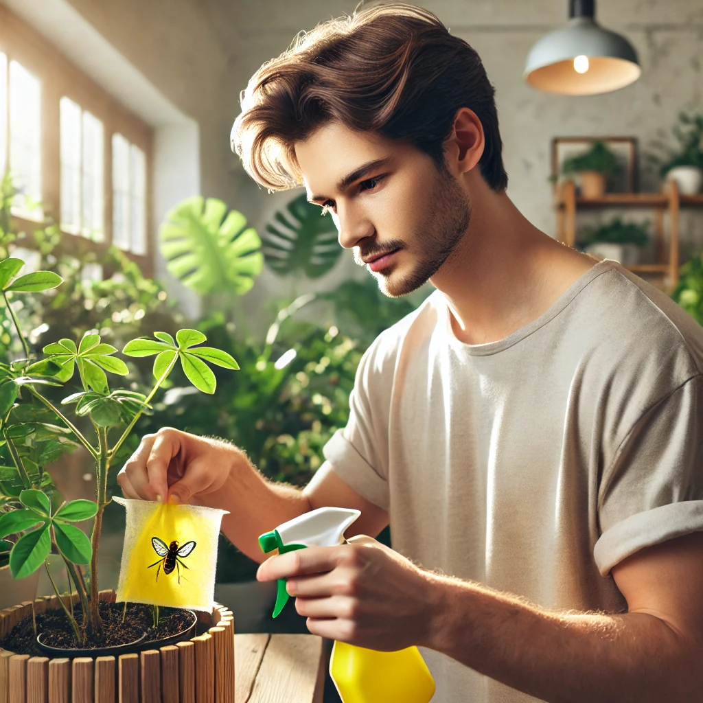 실내 식물에 생긴 해충을 관리하는 남자의 모습