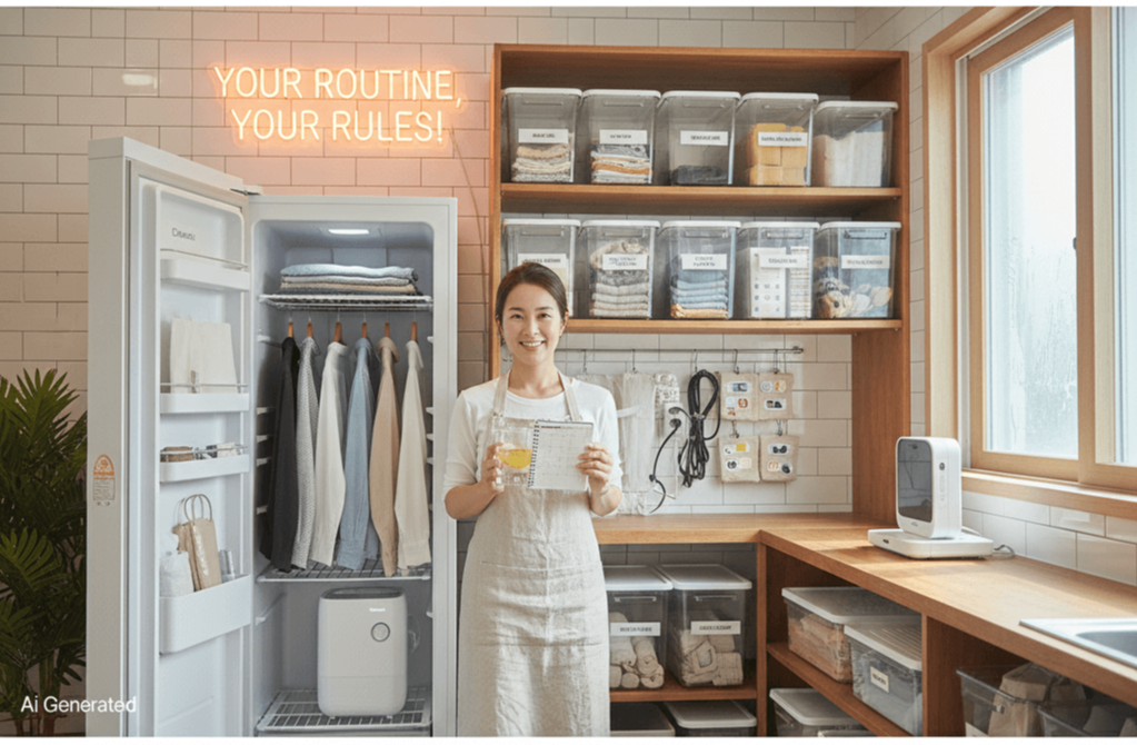 따뜻한 물 한 잔과 플래너를 들고 정리된 살림 공간 앞에 서 있는 여성의 모습