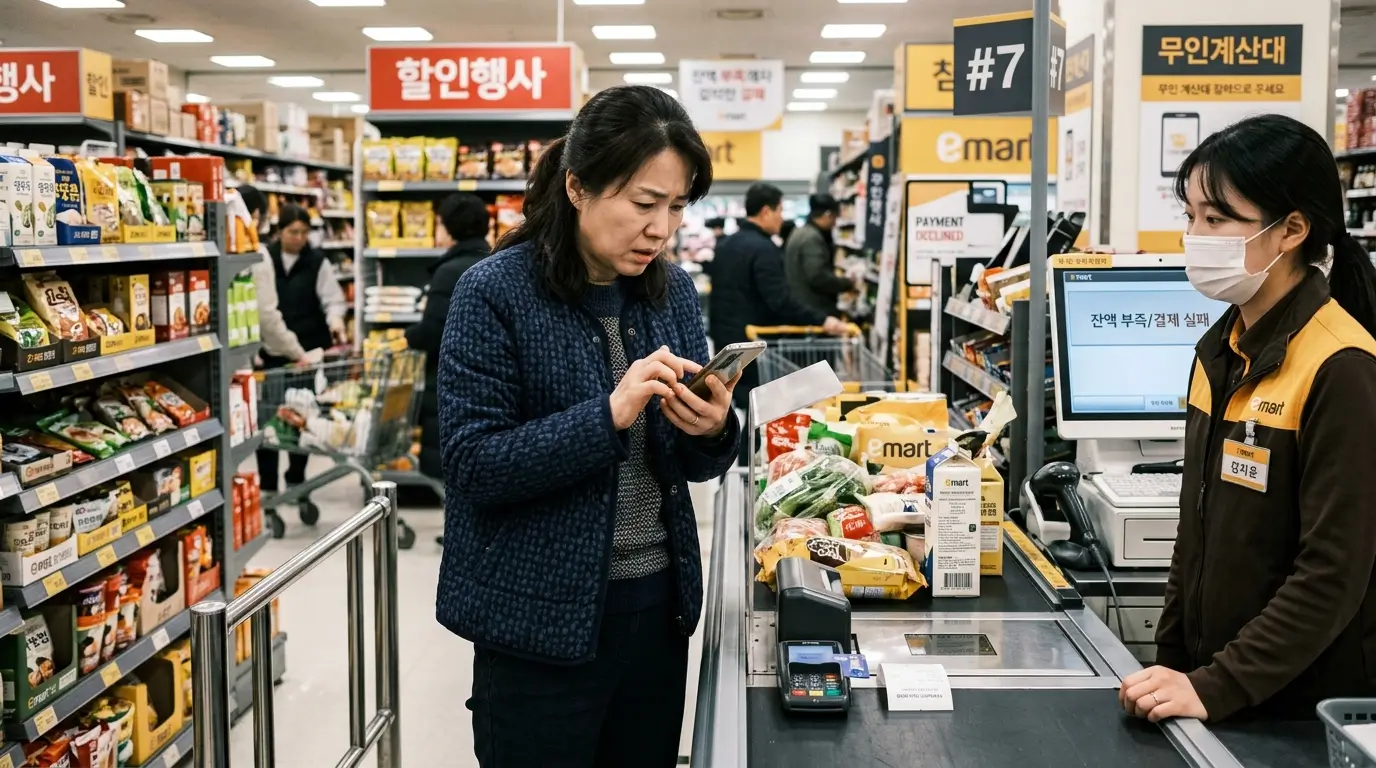 대형 마트 계산대 앞에서 신용카드 결제가 거절되어 당황스러운 표정으로 스마트폰을 다급히 확인하는 40대 전업주부