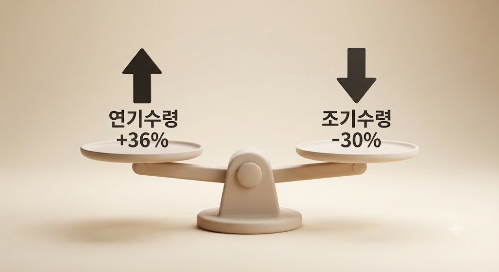 국민연금 조기수령 감액 30%와 연기수령 가산 36%를 저울로 비교한 인포그래픽