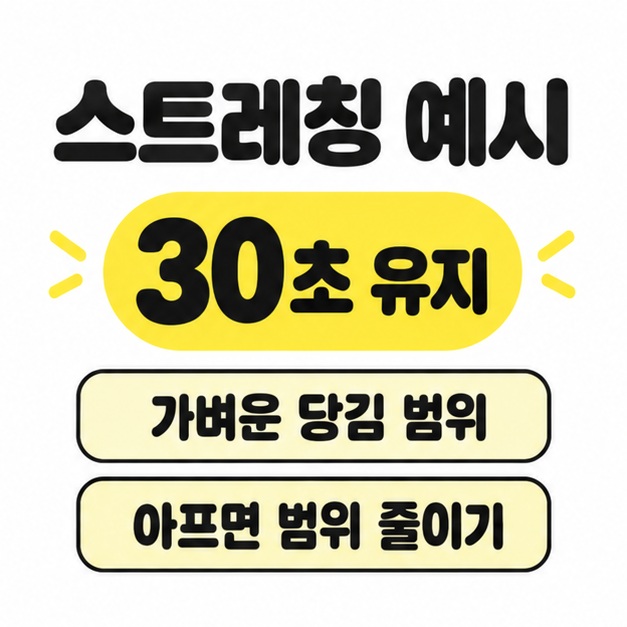 스트레칭 예시로 30초 유지와 가벼운 당김 범위를 표시하고 아프면 범위를 줄이도록 안내한 이미지