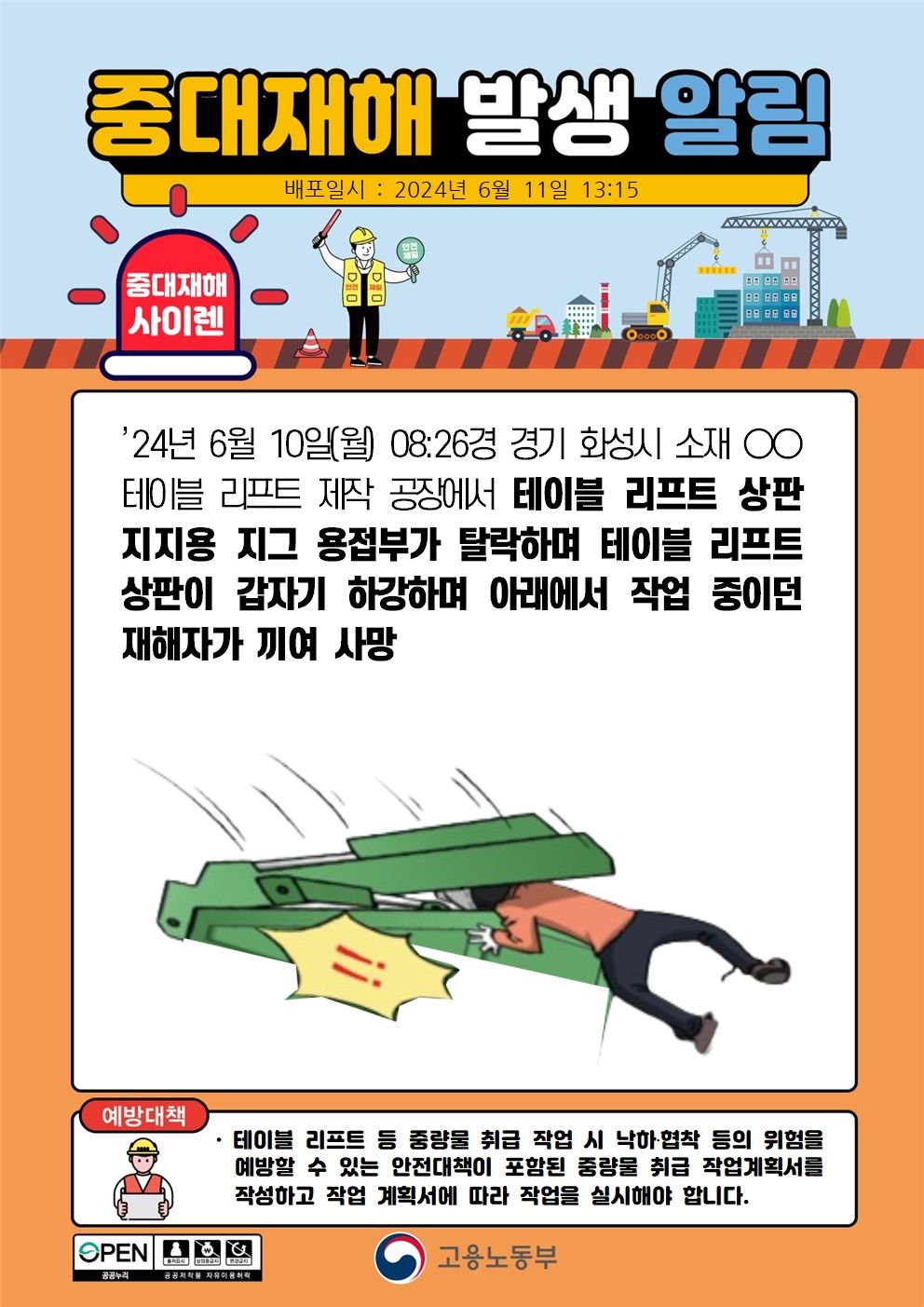 테이블 리프트 작업 중 테이블리프트 상판이 갑자기 하강하여 끼임