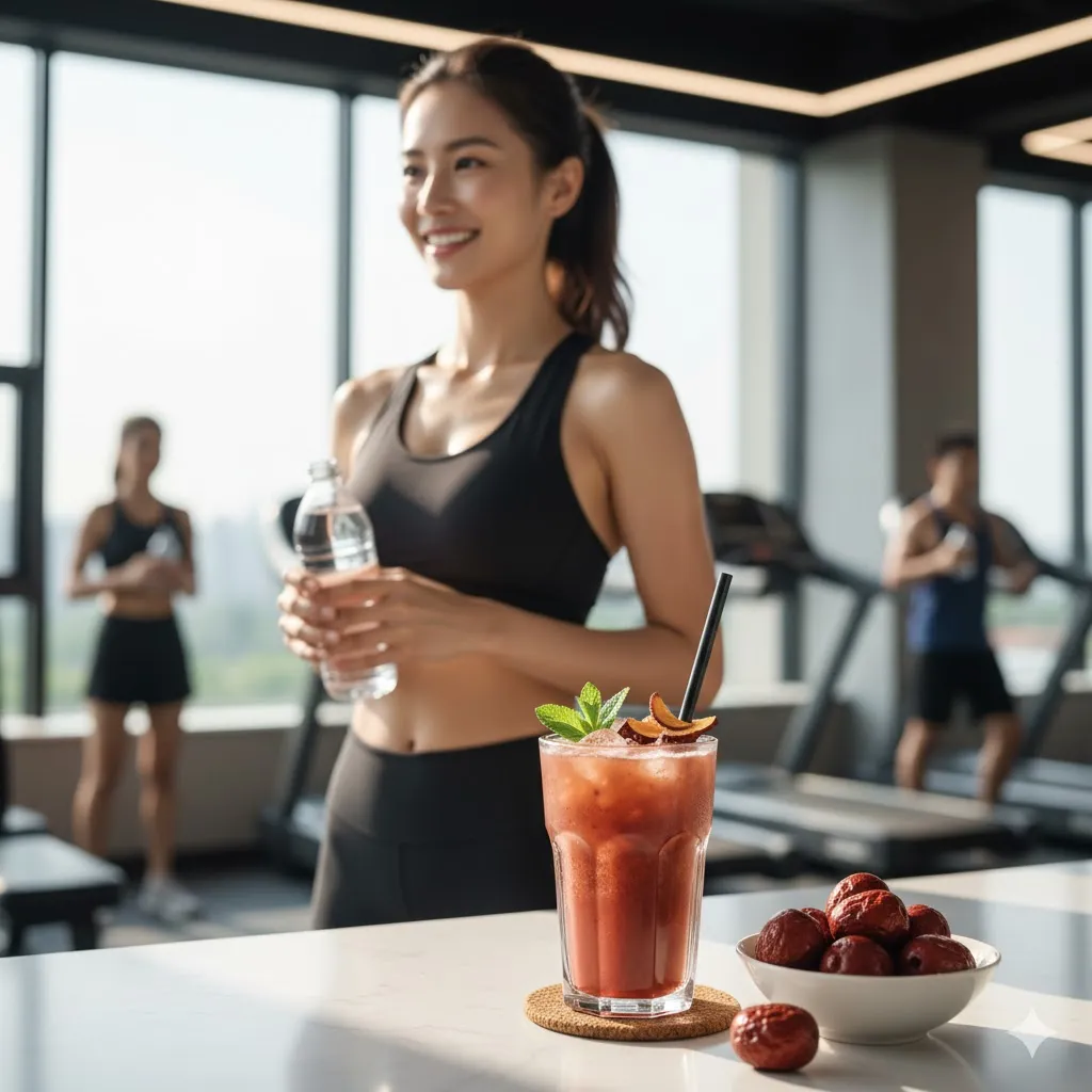 땀을 흘린 후 개운하고 상쾌한 표정으로 웃고 있는 건강한 사람이 보입니다. 옆에는 시원한 대추 음료나 대추 스무디, 그리고 신선한 대추가 놓여 있습니다. 배경은 헬스장이나 야외 운동 공간의 일부를 암시하며 활동적인 에너지를 전달합니다.