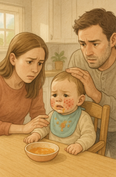 이유식 후 입가에 붉은 발진이 생긴 아기를 바라보는 부모