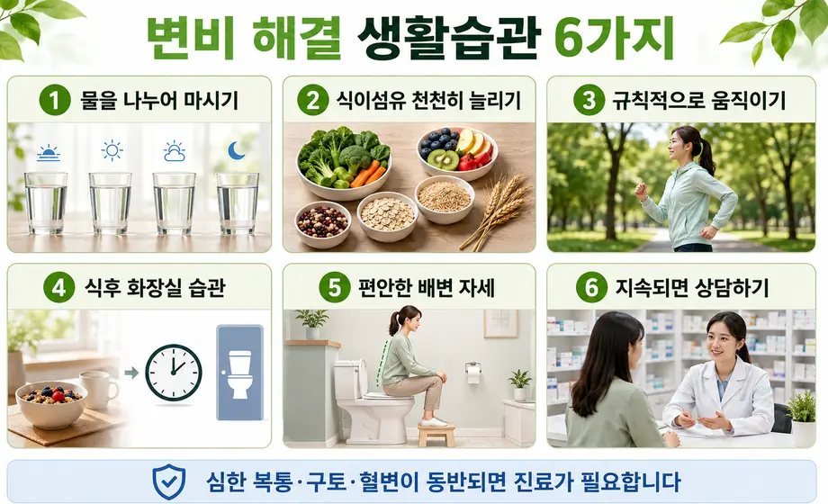 수분과 식이섬유 섭취 및 배변 자세를 포함한 변비 해결 생활습관 6가지