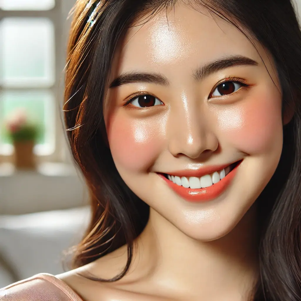 피부가 촉촉하게 빛나는 동양인 여성이 밝게 웃는 장면