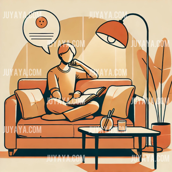 육아휴직 활용법 : 육아휴직 중 부모가 편안한 소파에 앉아 일기를 쓰며 하루를 돌아보는 모습. 따뜻한 조명과 간결한 배경으로 표현된 웹툰 스타일.