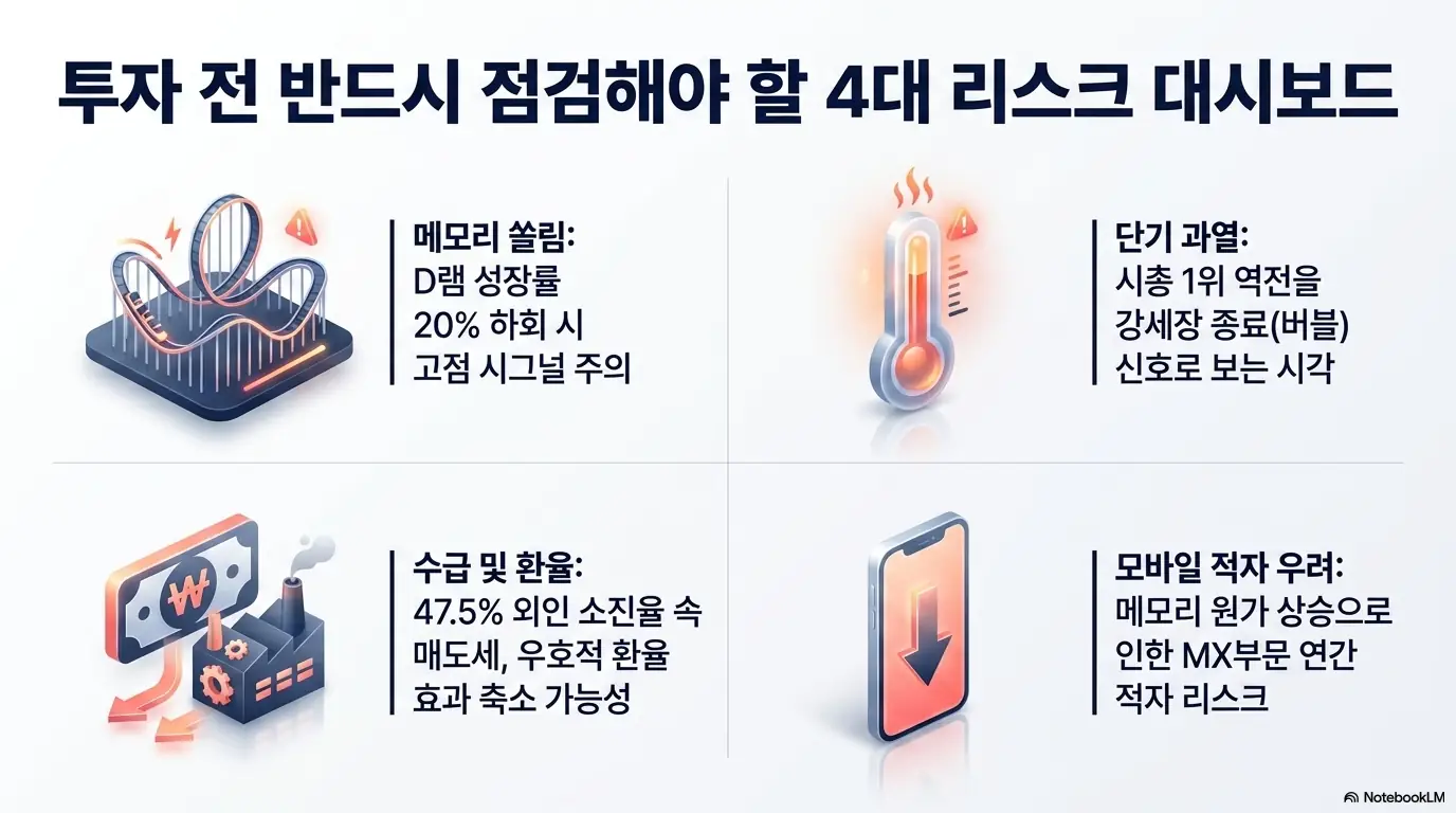 삼성전자 주가 전망: 삼성전자 투자 전 점검할 4대 리스크인 메모리 쏠림&amp;#44; 단기 과열&amp;#44; 수급 및 환율&amp;#44; 모바일 적자 우려를 네 칸 대시보드로 정리한 이미지. D램 성장률 둔화와 시총 역전 버블 신호&amp;#44; 외인 매도세&amp;#44; MX 부문 적자 가능성을 시각적으로 전달하며&amp;#44; 삼성전자 주가 전망의 리스크 점검 주제를 설명함 
