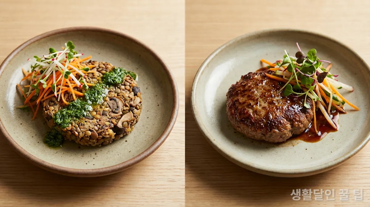 식물성 대체육 패티와 일반 소고기 패티의 영양 성분 비교 시각화