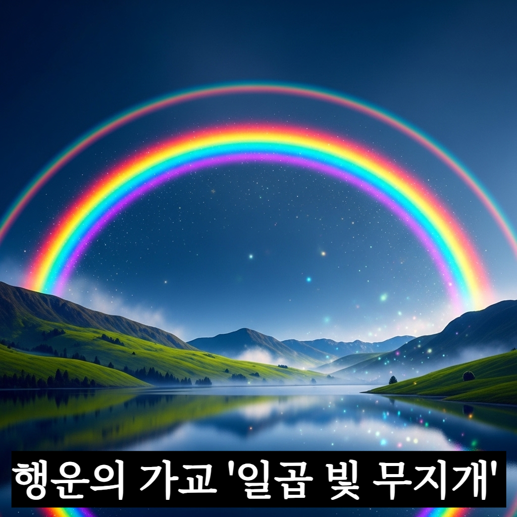 짙푸른 하늘 위로 거대하게 솟아오른 선명한 일곱 빛깔 무지개와 그 아래에서 평온한 기운을 만끽하는 풍경을 담은 웅장하고 신비로운 일러스트