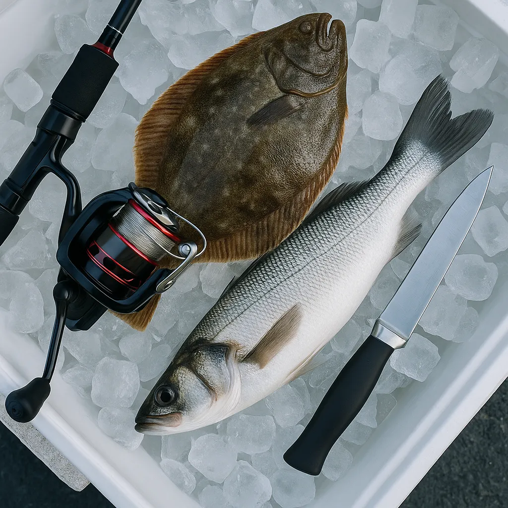 얼음 위에 놓인 광어와 농어&amp;#44; 낚시 장비와 손질용 칼