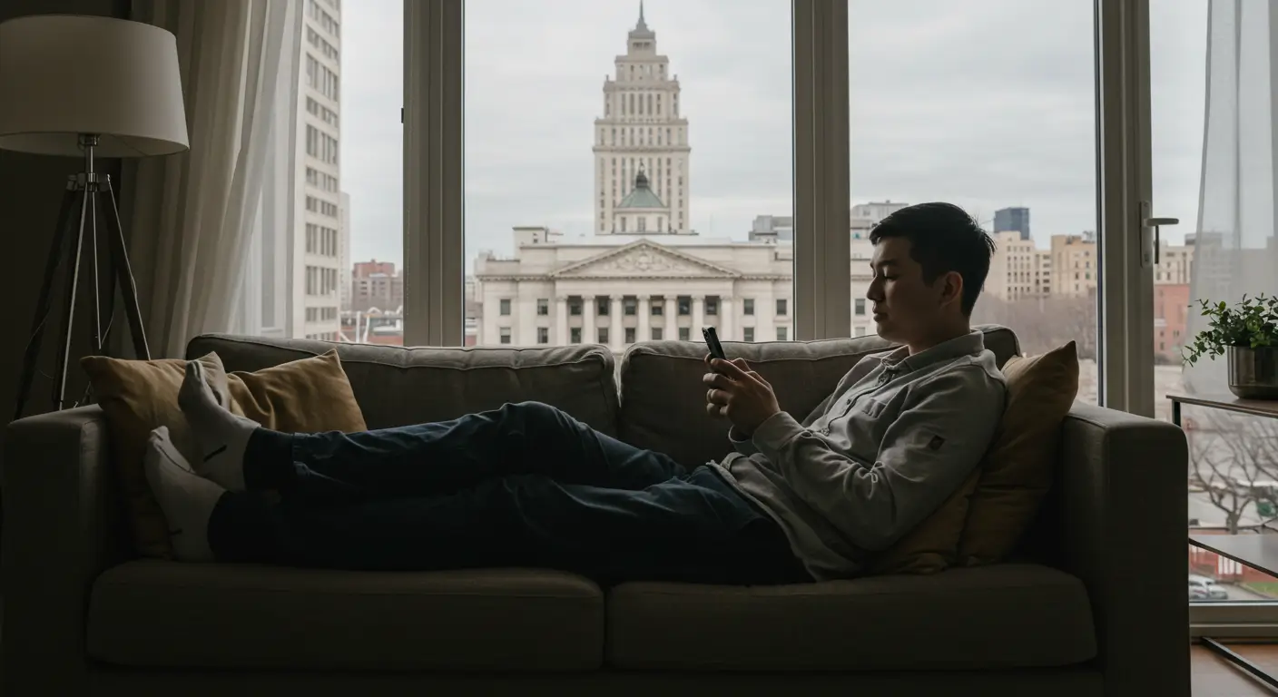 은행 방문 없이 집에서 편안하게 근로자 햇살론 비대면 신청을 하는 모습