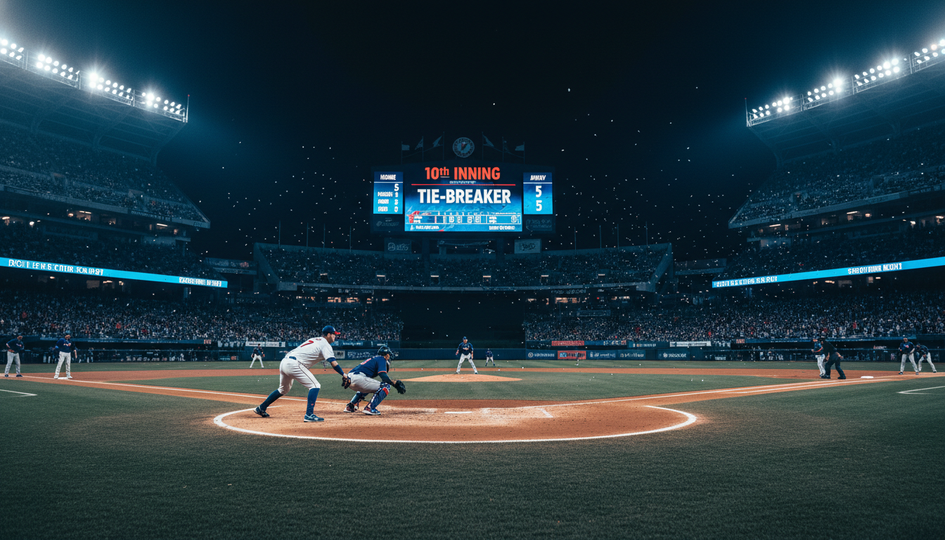2026 WBC 연장 10회 승부치기 상황이 벌어지고 있는 야구장 전경과 전광판