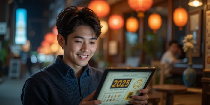 태블릿으로 말띠 운세를 읽으며 웃는 남성
