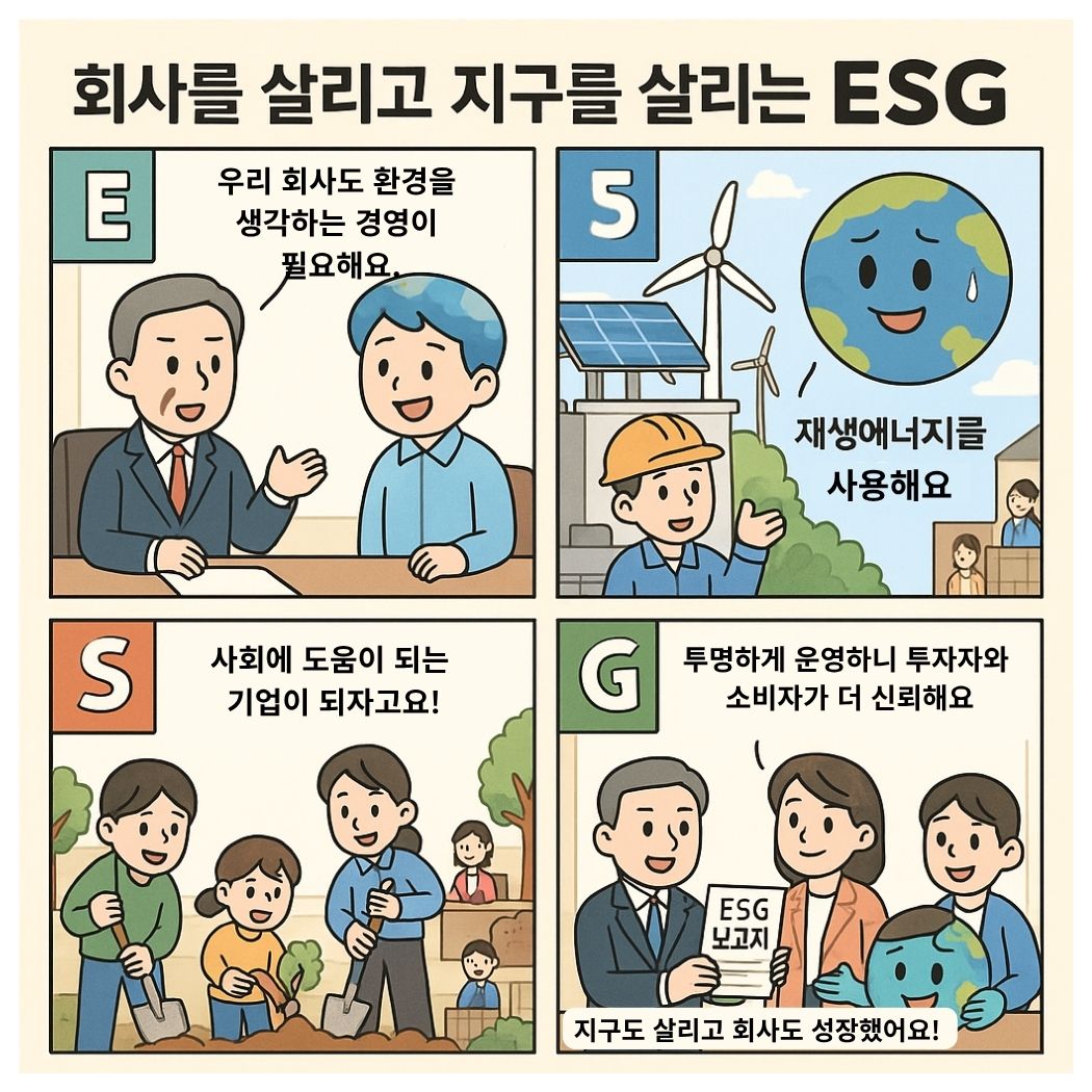 회사를 살리고 지구를 살리는 ESG를 설명하는 교육경제 4컷
만화