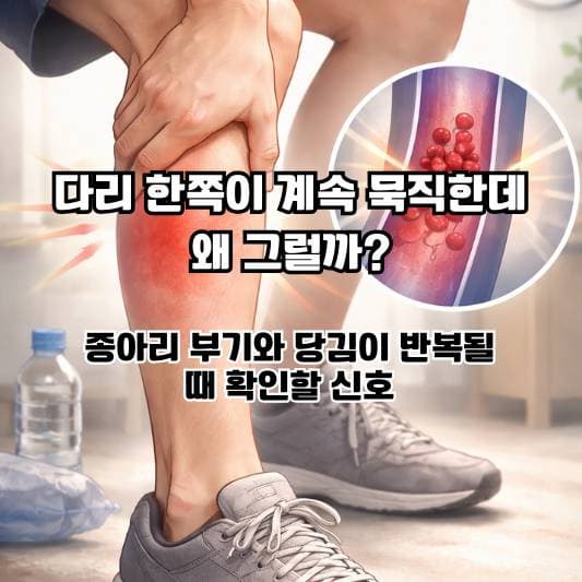 다리가 평소보다 묵직하고 붓는 느낌을 의심해보는 중년의 일상 장면
