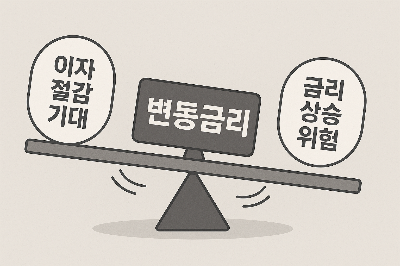 위아래로 흔들리는 시소 위에 변동금리 글자가 있고, 한쪽에는 이자 절감 기대 다른 쪽에는 금리 상승 위험 문구가 있는 이미지