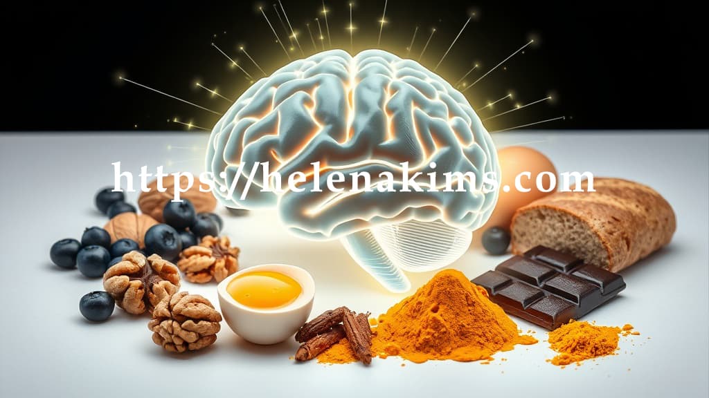 인간 뇌의 윤곽선이 중앙에 배치. 뇌 주변으로 신선한 연어, 푸른 블루베리, 바삭한 호두, 영롱한 달걀, 통곡물 빵, 황금빛 강황, 고카카오 다크 초콜릿 조각이 있는 이미지.