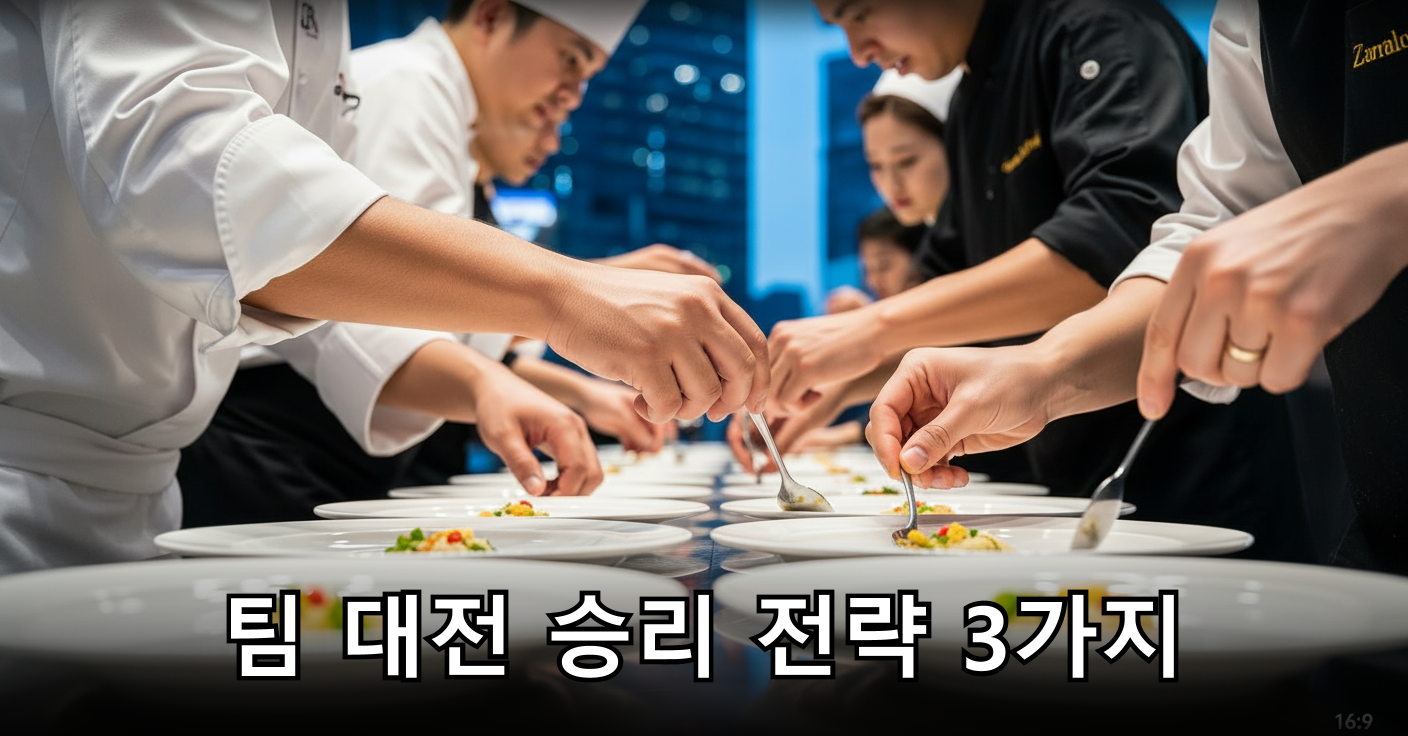 경쟁적으로 플레이팅을 완성하는 셰프들의 손