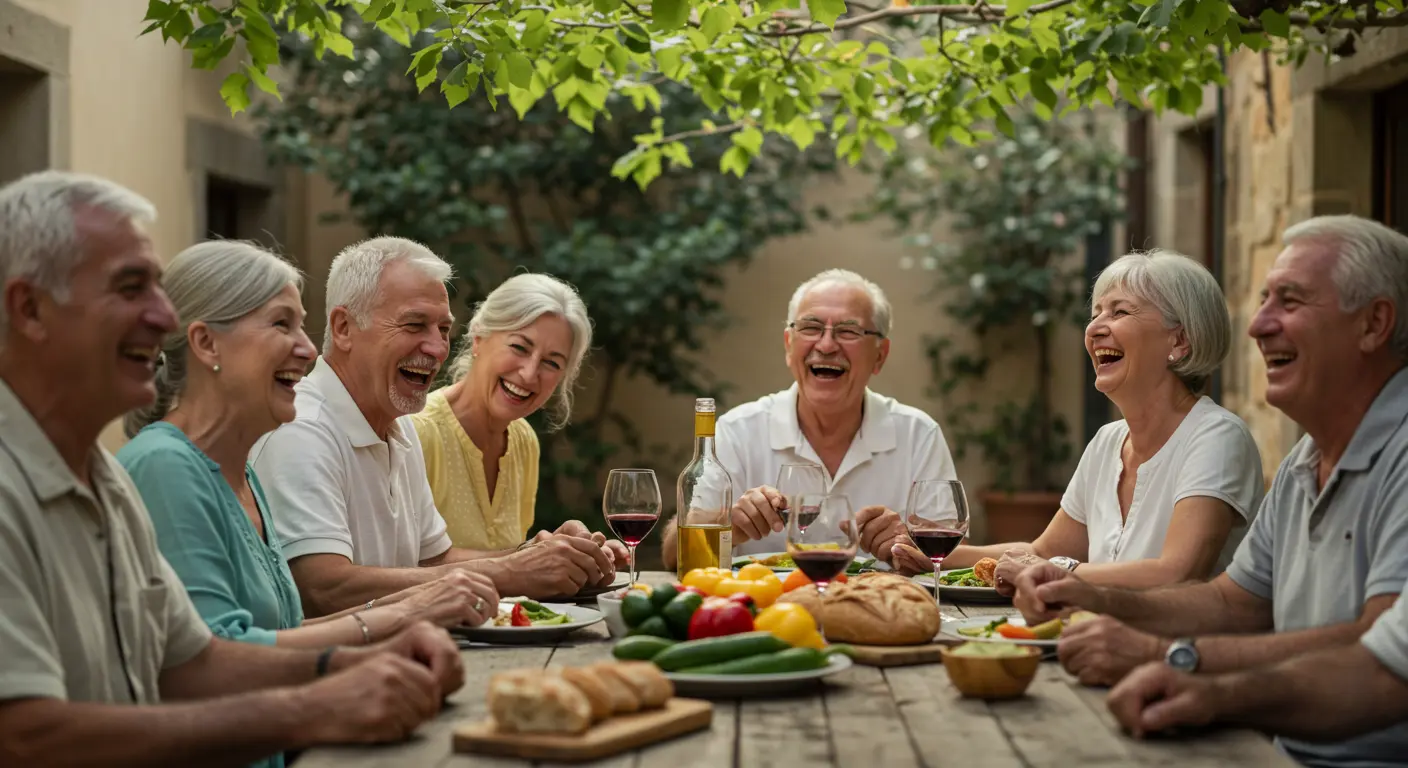 지중해풍 정원에서 식사를 나누며 진심어린 웃음을 짓고 있는 건강한 노년층 친구들의 모습
