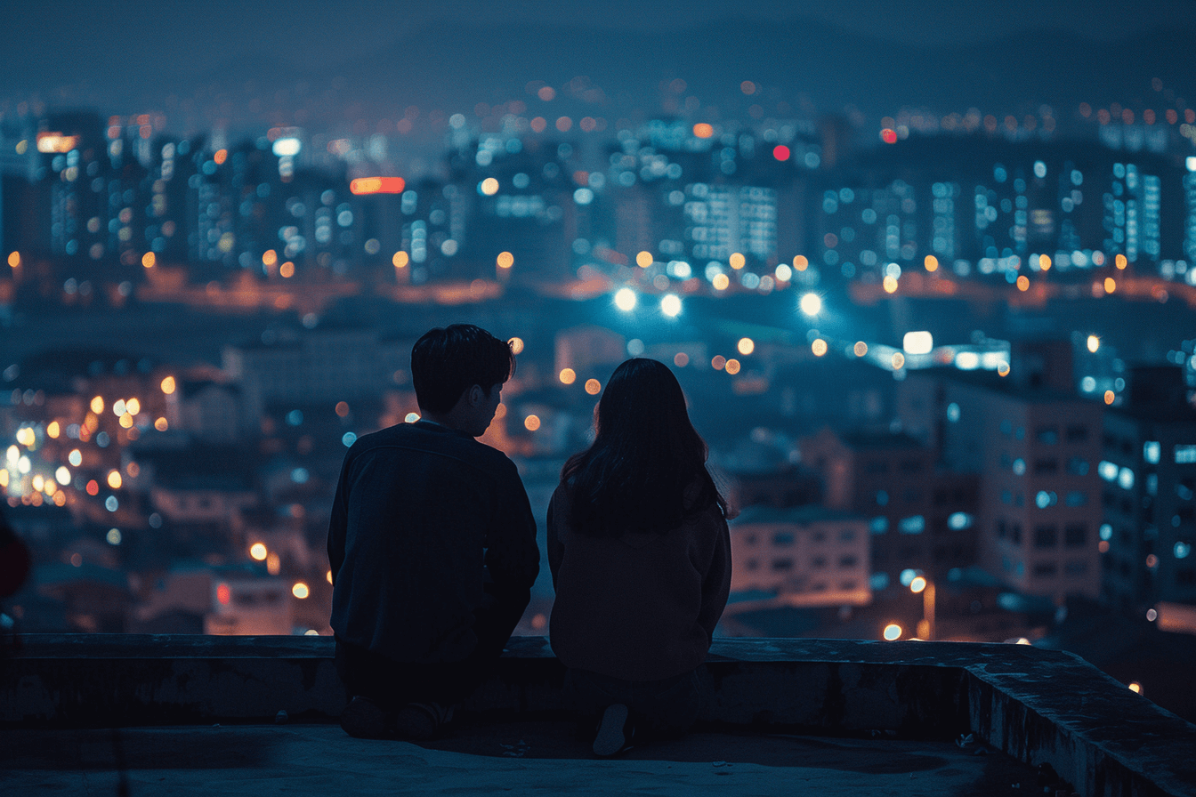 도심이-내려다-보이는-옥상에-앉아-있는-남여